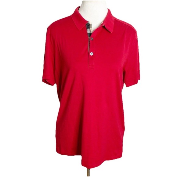 BURBERRY Brit Womens Polo Shirt Top‎ Nova Check Trim  Red Size Medium - Picture 1 of 6